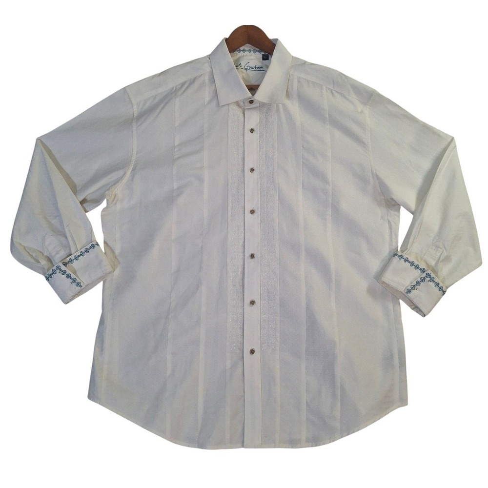 Robert Graham Textured‎ Shirt Mens 3XL Ivory Embroidered Button Up Long Sleeve